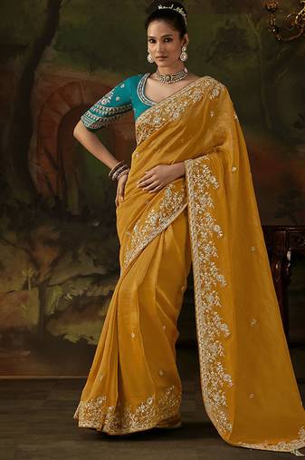 golden viscose zari heavy embroidery sequince work designer  saree