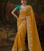 golden viscose zari heavy embroidery sequince work designer  saree