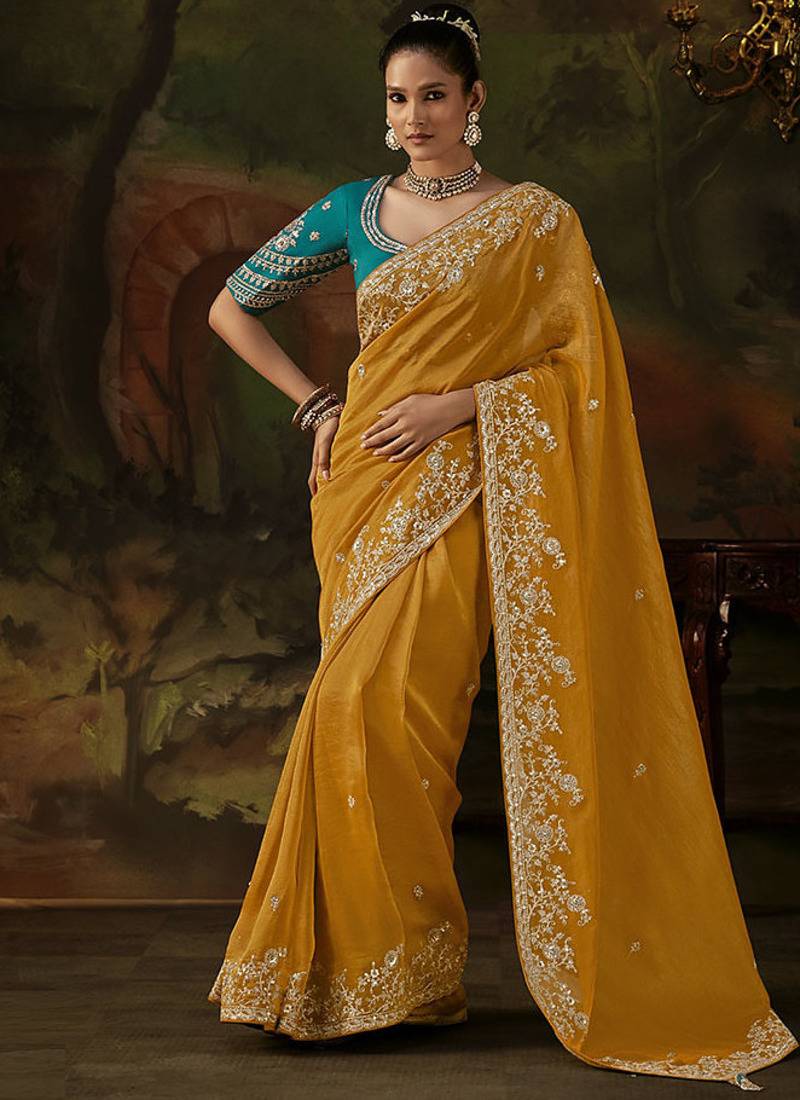 golden viscose zari heavy embroidery sequince work designer  saree