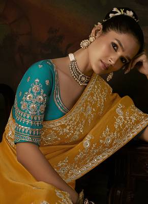 golden viscose zari heavy embroidery sequince work designer  saree 2
