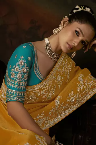 golden viscose zari heavy embroidery sequince work designer  saree