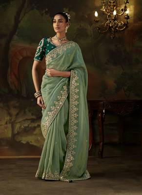 light teal viscose zari heavy embroidery sequince work designer  saree 1