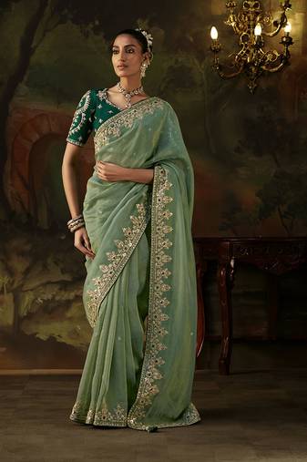 light teal viscose zari heavy embroidery sequince work designer  saree