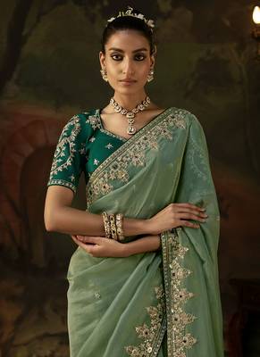 light teal viscose zari heavy embroidery sequince work designer  saree 2