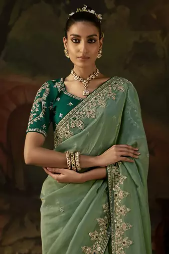 light teal viscose zari heavy embroidery sequince work designer  saree