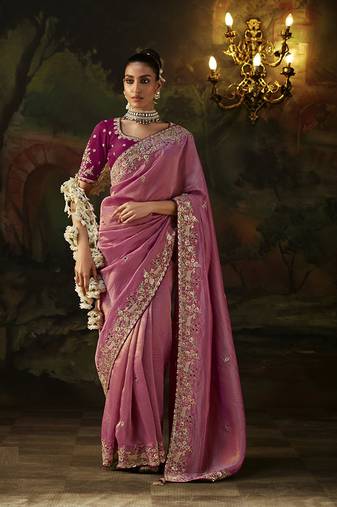 onion pink viscose zari heavy embroidery sequince work designer  saree