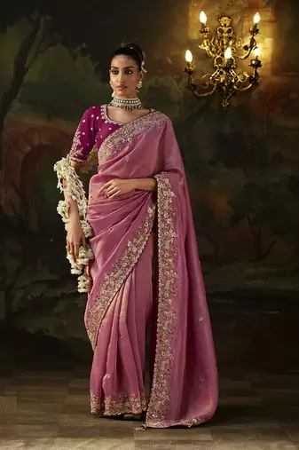 onion pink viscose zari heavy embroidery sequince work designer  saree