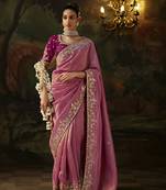 onion pink viscose zari heavy embroidery sequince work designer  saree