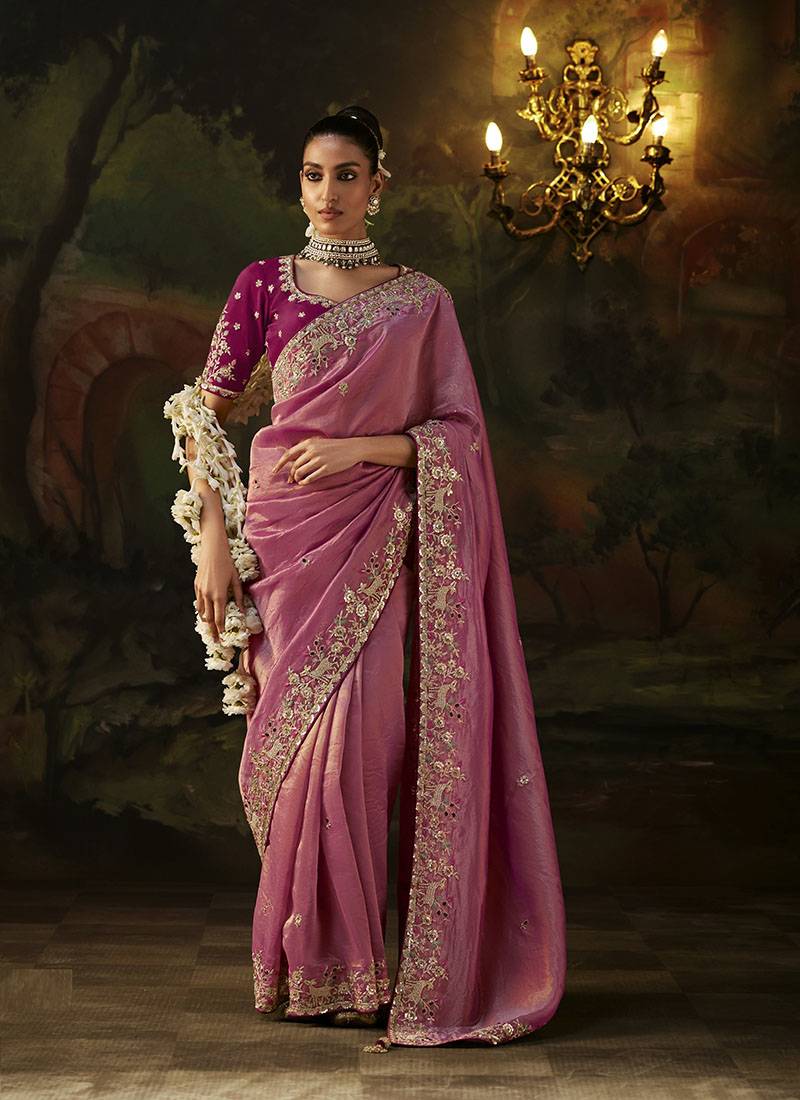 onion pink viscose zari heavy embroidery sequince work designer  saree
