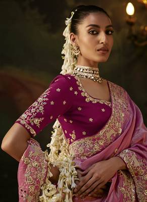onion pink viscose zari heavy embroidery sequince work designer  saree 2