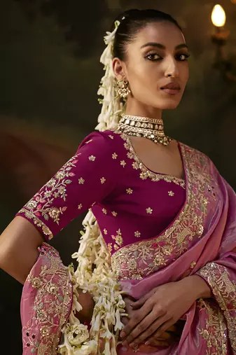 onion pink viscose zari heavy embroidery sequince work designer  saree