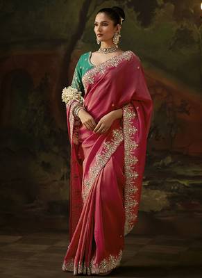 raspberry  viscose zari heavy embroidery sequince work designer  saree 1
