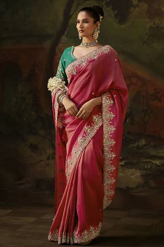 raspberry  viscose zari heavy embroidery sequince work designer  saree