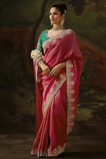 raspberry  viscose zari heavy embroidery sequince work designer  saree