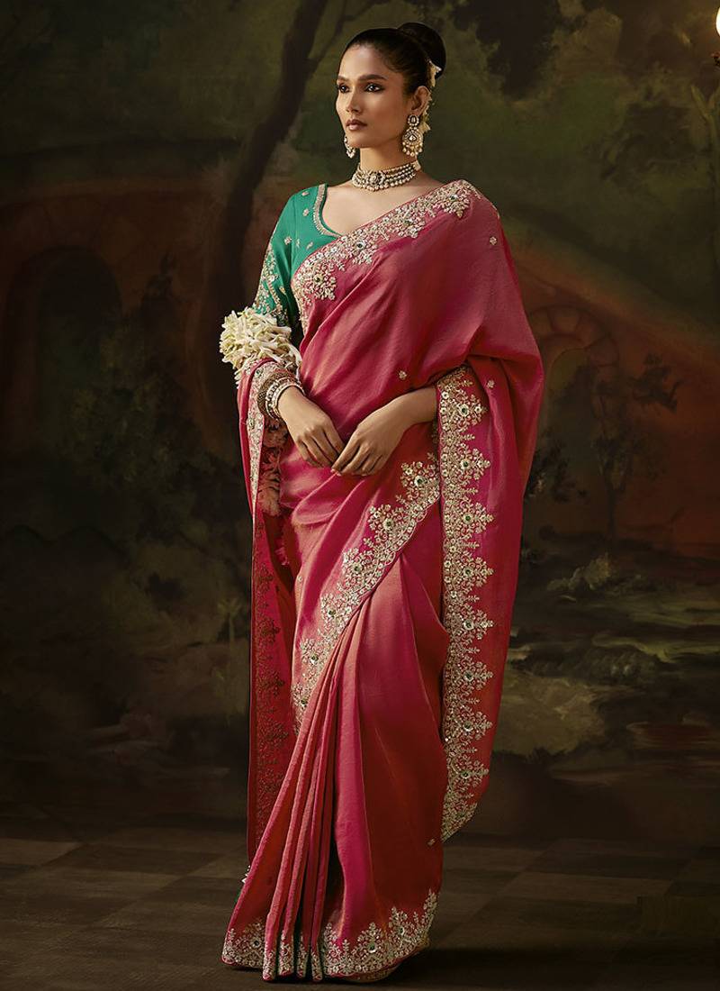 raspberry  viscose zari heavy embroidery sequince work designer  saree