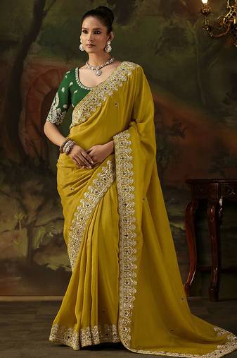 mustard viscose zari heavy embroidery sequince work designer  saree