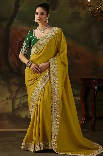 mustard viscose zari heavy embroidery sequince work designer  saree