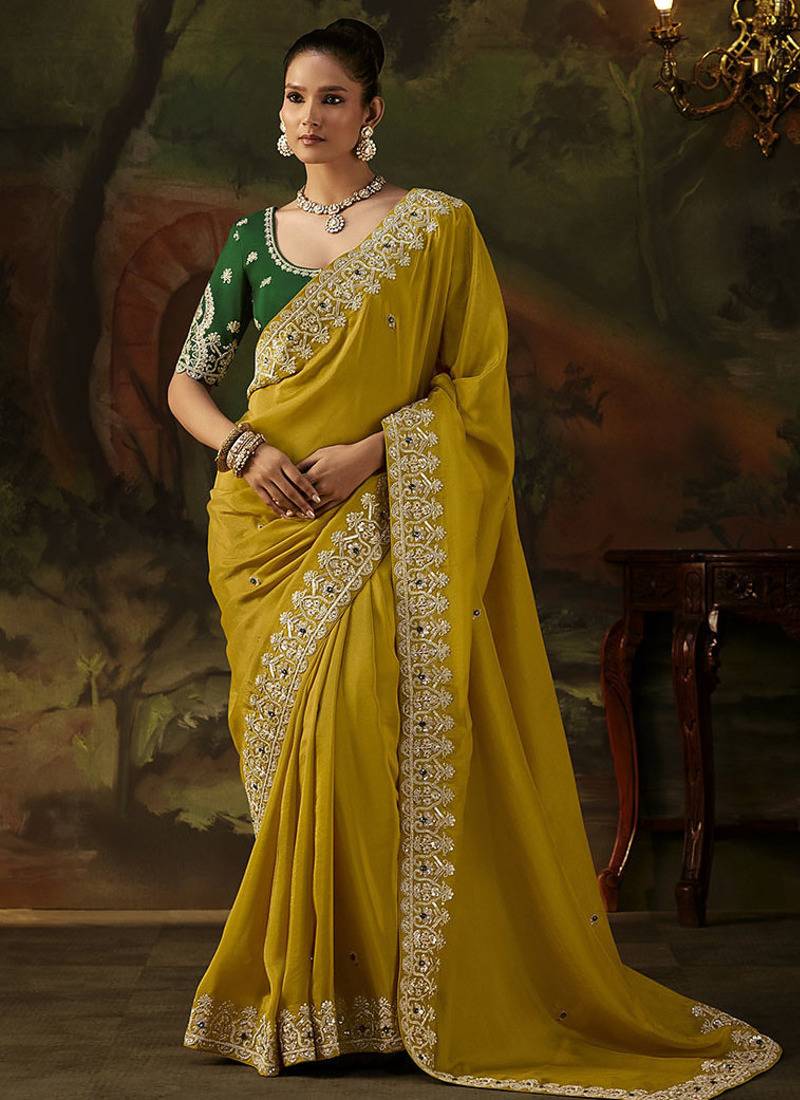 mustard viscose zari heavy embroidery sequince work designer  saree