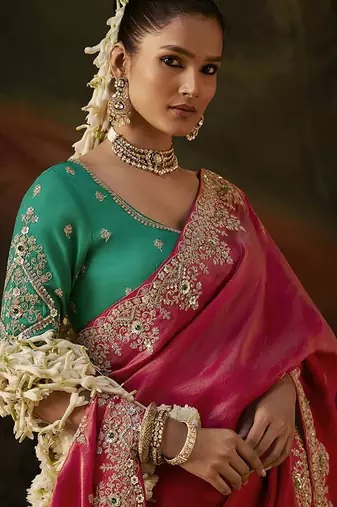 raspberry  viscose zari heavy embroidery sequince work designer  saree