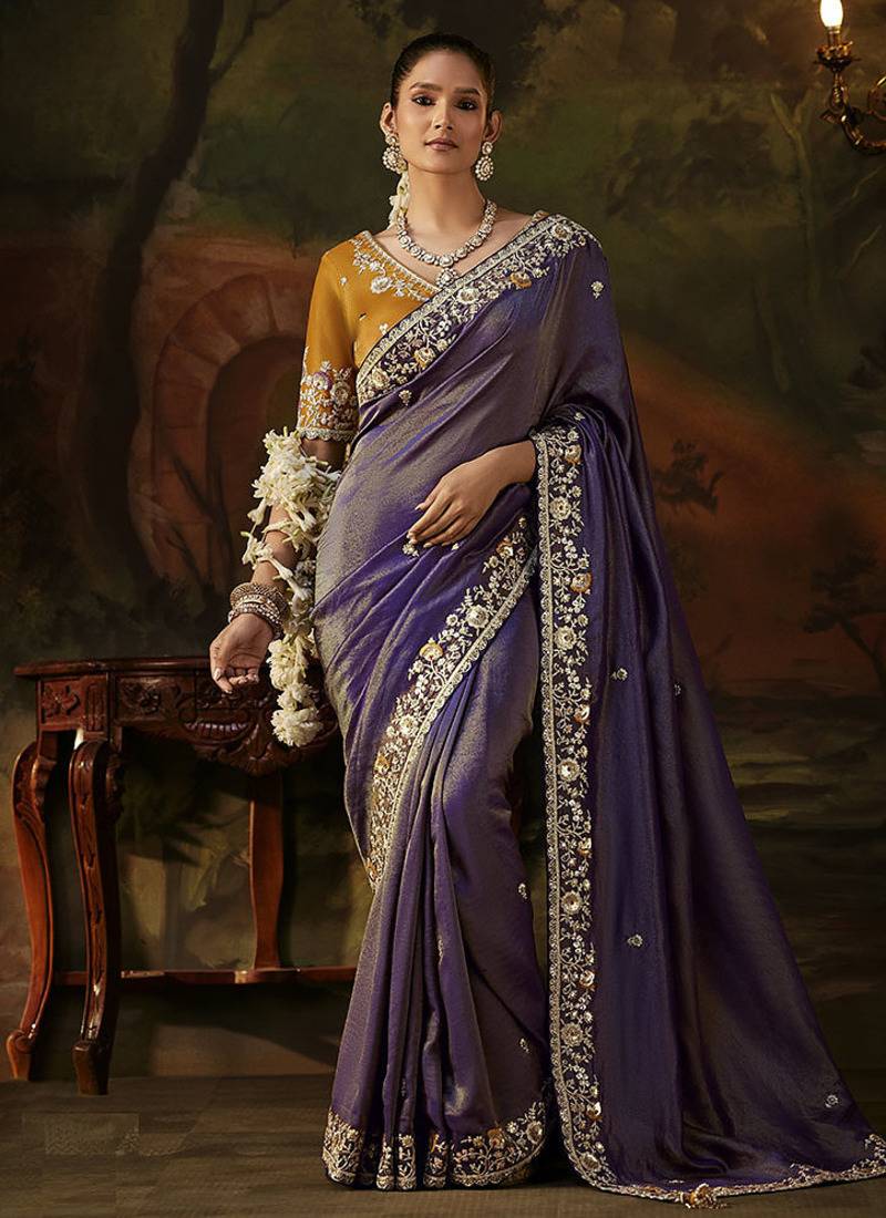 lavender viscose zari heavy embroidery sequince work designer  saree