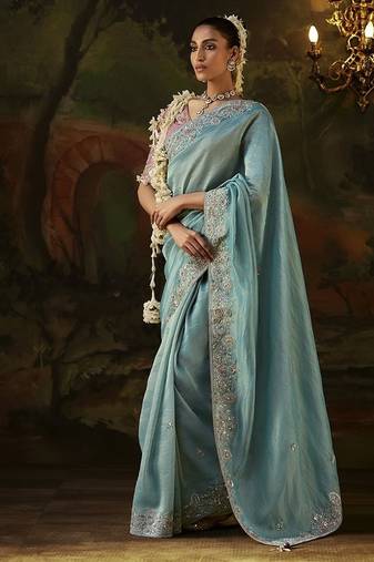 sky blue viscose zari heavy embroidery sequince work designer  saree