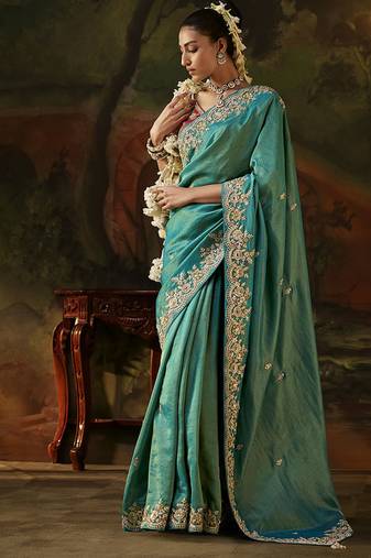cyan viscose zari heavy embroidery sequince work designer  saree