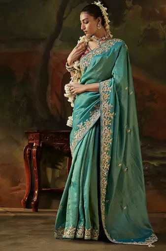 cyan viscose zari heavy embroidery sequince work designer  saree