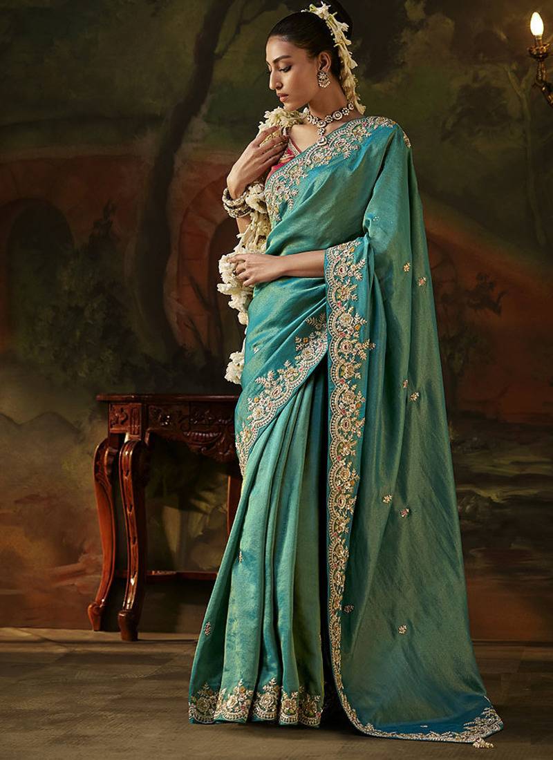 cyan viscose zari heavy embroidery sequince work designer  saree