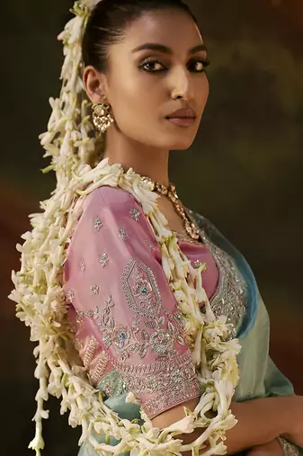 sky blue viscose zari heavy embroidery sequince work designer  saree