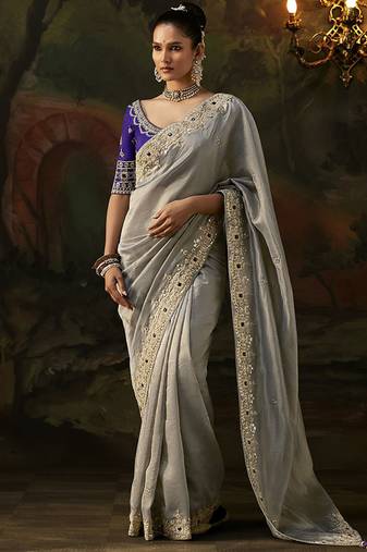 grey viscose zari heavy embroidery sequince work designer  saree
