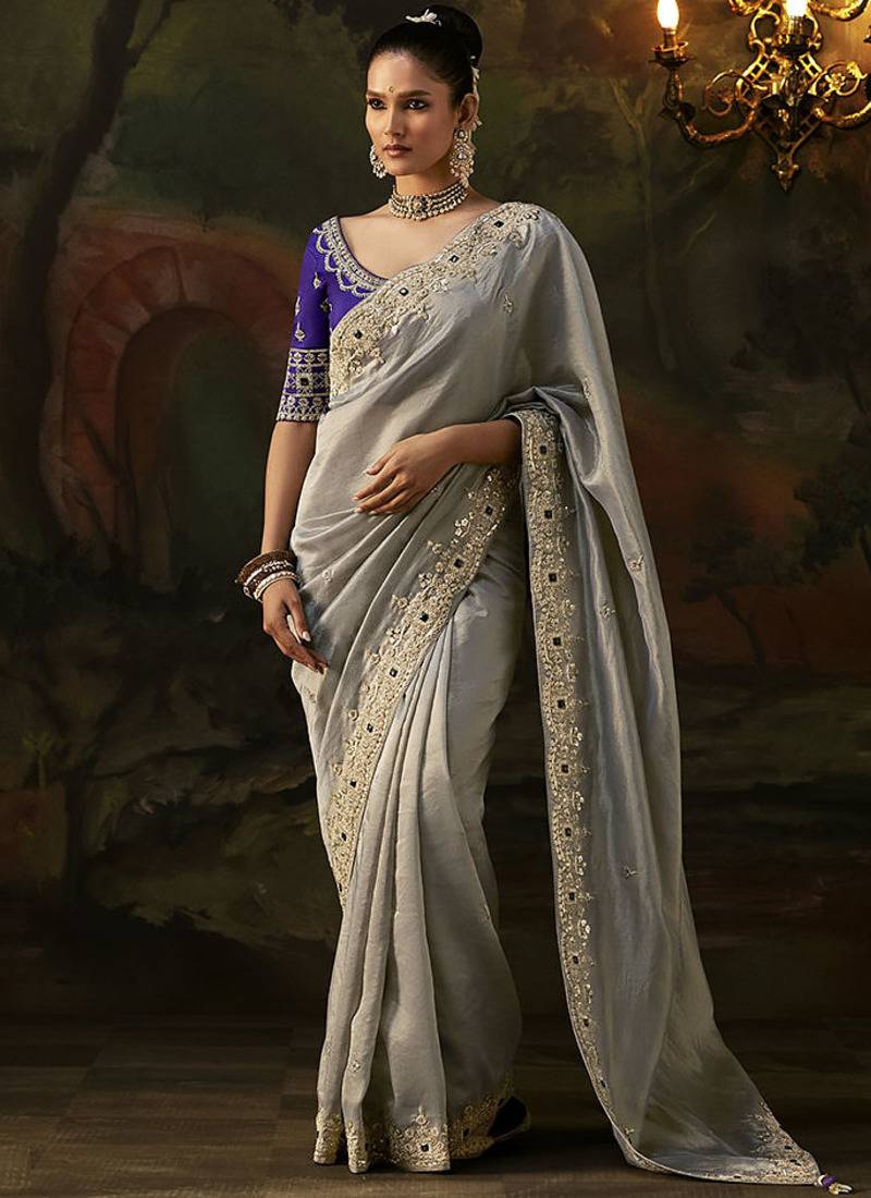 grey viscose zari heavy embroidery sequince work designer  saree