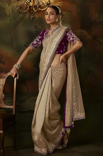 beige viscose zari heavy embroidery sequince work designer  saree