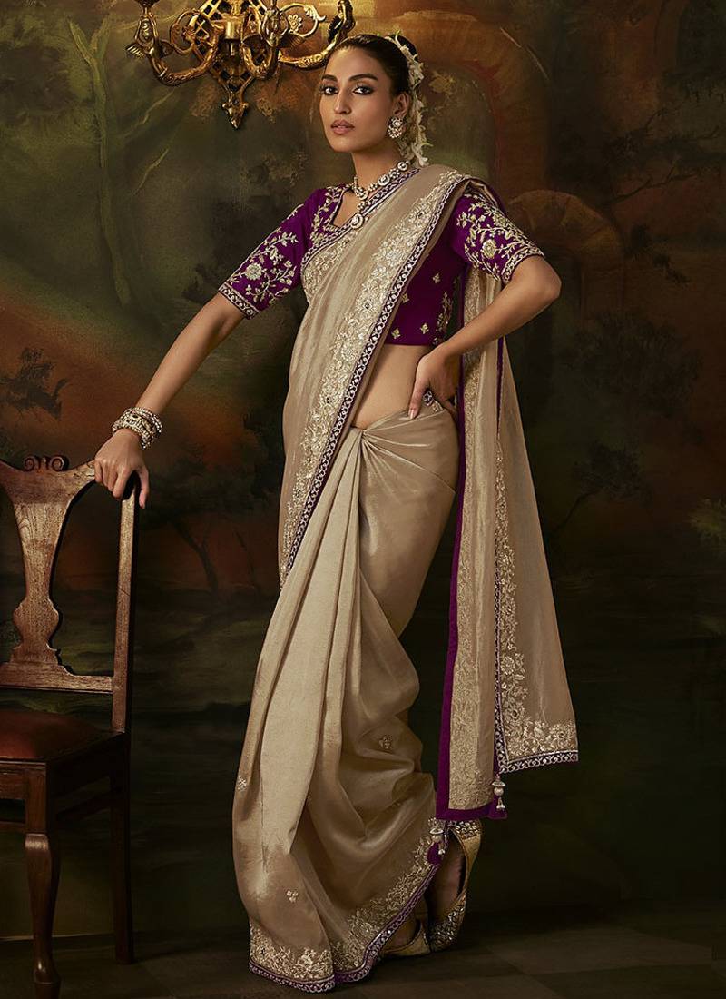 beige viscose zari heavy embroidery sequince work designer  saree