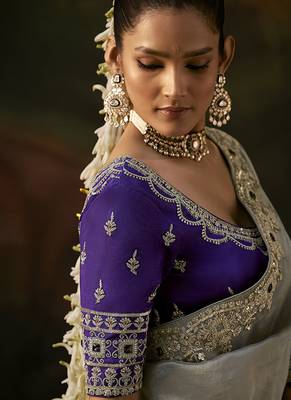 grey viscose zari heavy embroidery sequince work designer  saree 2