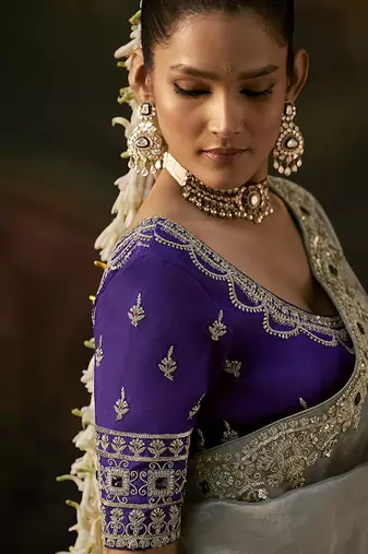 grey viscose zari heavy embroidery sequince work designer  saree