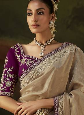 beige viscose zari heavy embroidery sequince work designer  saree 2