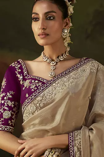beige viscose zari heavy embroidery sequince work designer  saree
