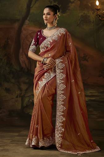 rust viscose zari heavy embroidery sequince work designer  saree
