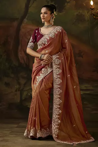 rust viscose zari heavy embroidery sequince work designer  saree