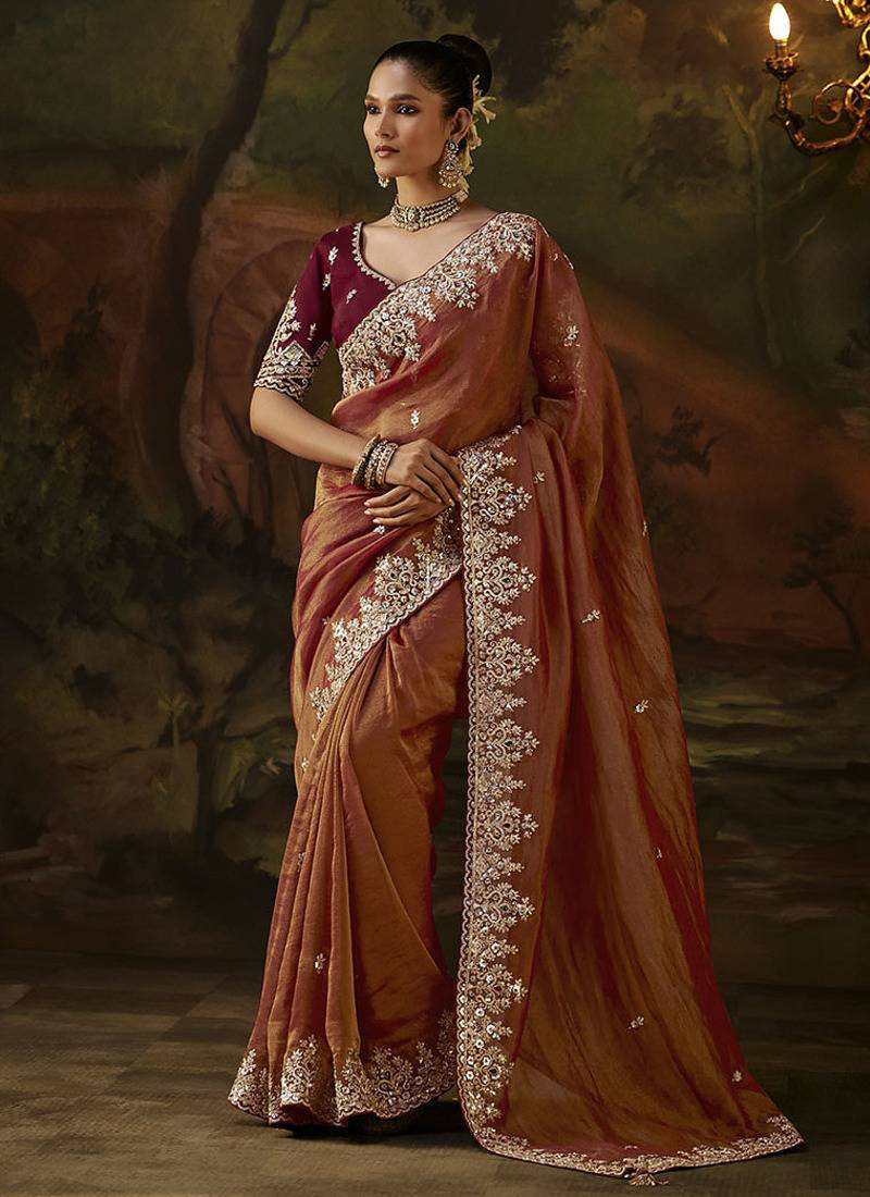 rust viscose zari heavy embroidery sequince work designer  saree