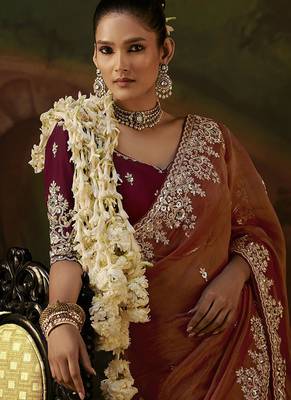 rust viscose zari heavy embroidery sequince work designer  saree 2