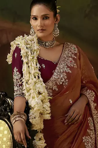 rust viscose zari heavy embroidery sequince work designer  saree