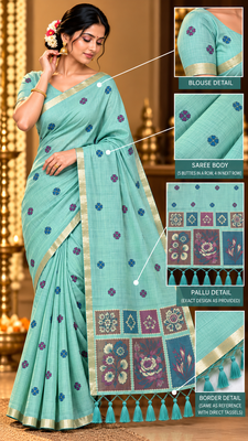 aqua blue floral muga cotton blend jamdani saree with blouse 2