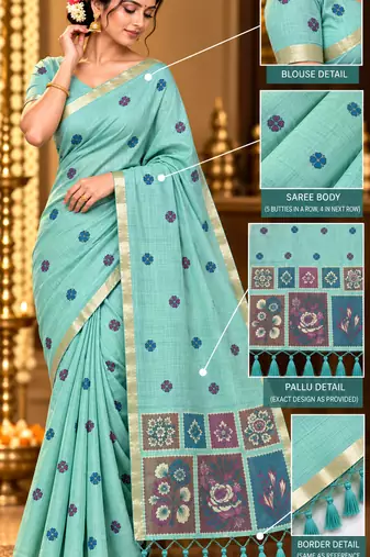 aqua blue floral muga cotton blend jamdani saree with blouse