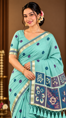 aqua blue floral muga cotton blend jamdani saree with blouse 1