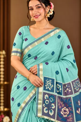 aqua blue floral muga cotton blend jamdani saree with blouse