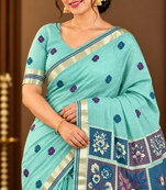 aqua blue floral muga cotton blend jamdani saree with blouse