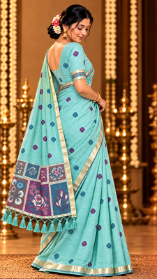 aqua blue floral muga cotton blend jamdani saree with blouse 3