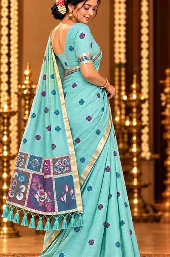 aqua blue floral muga cotton blend jamdani saree with blouse