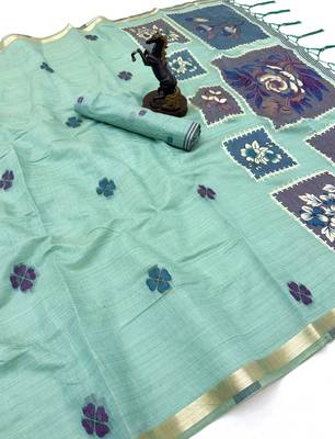 aqua blue floral muga cotton blend jamdani saree with blouse 4